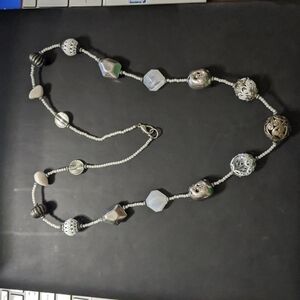 Silver Tone and White Beaded Chunky Statement Necklace